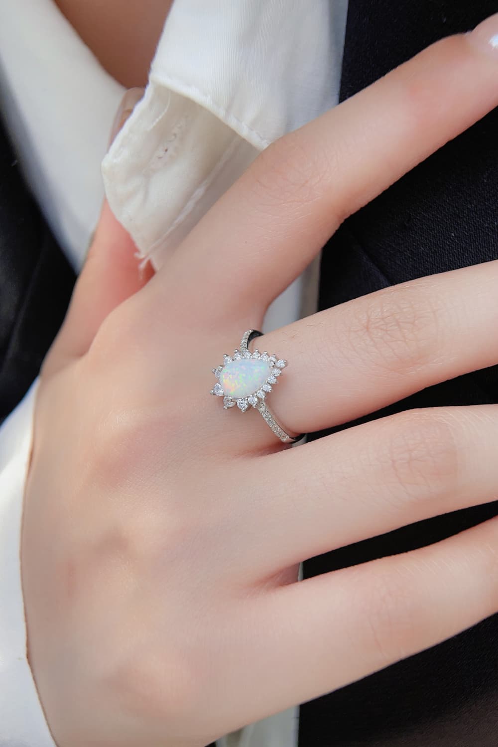 Platinum-Plated Opal Pear Shape Ring-Teresa&#39;s Fashionista LLC