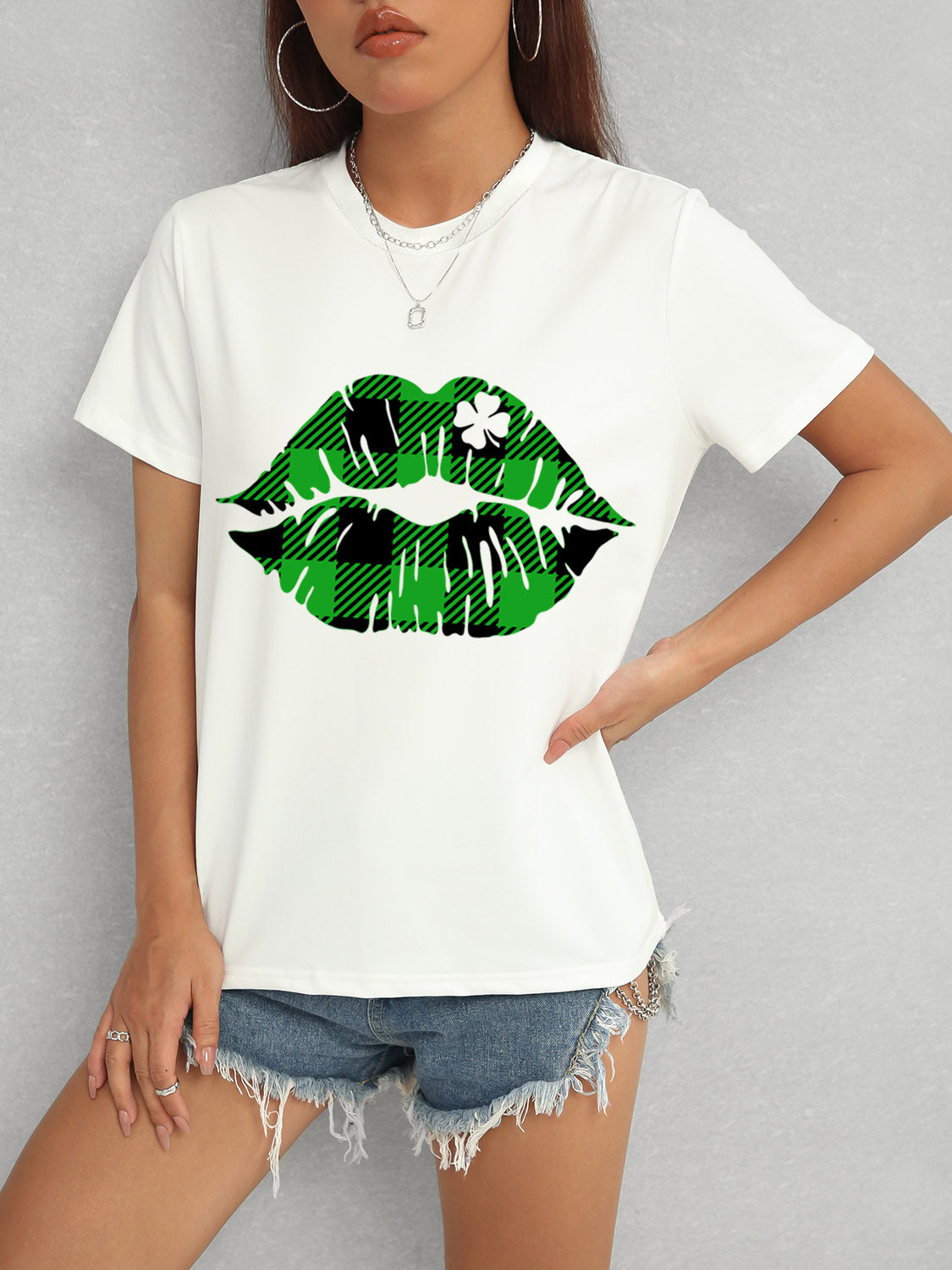 Plaid Lip Graphic Round Neck T-Shirt-Teresa&#39;s Fashionista LLC