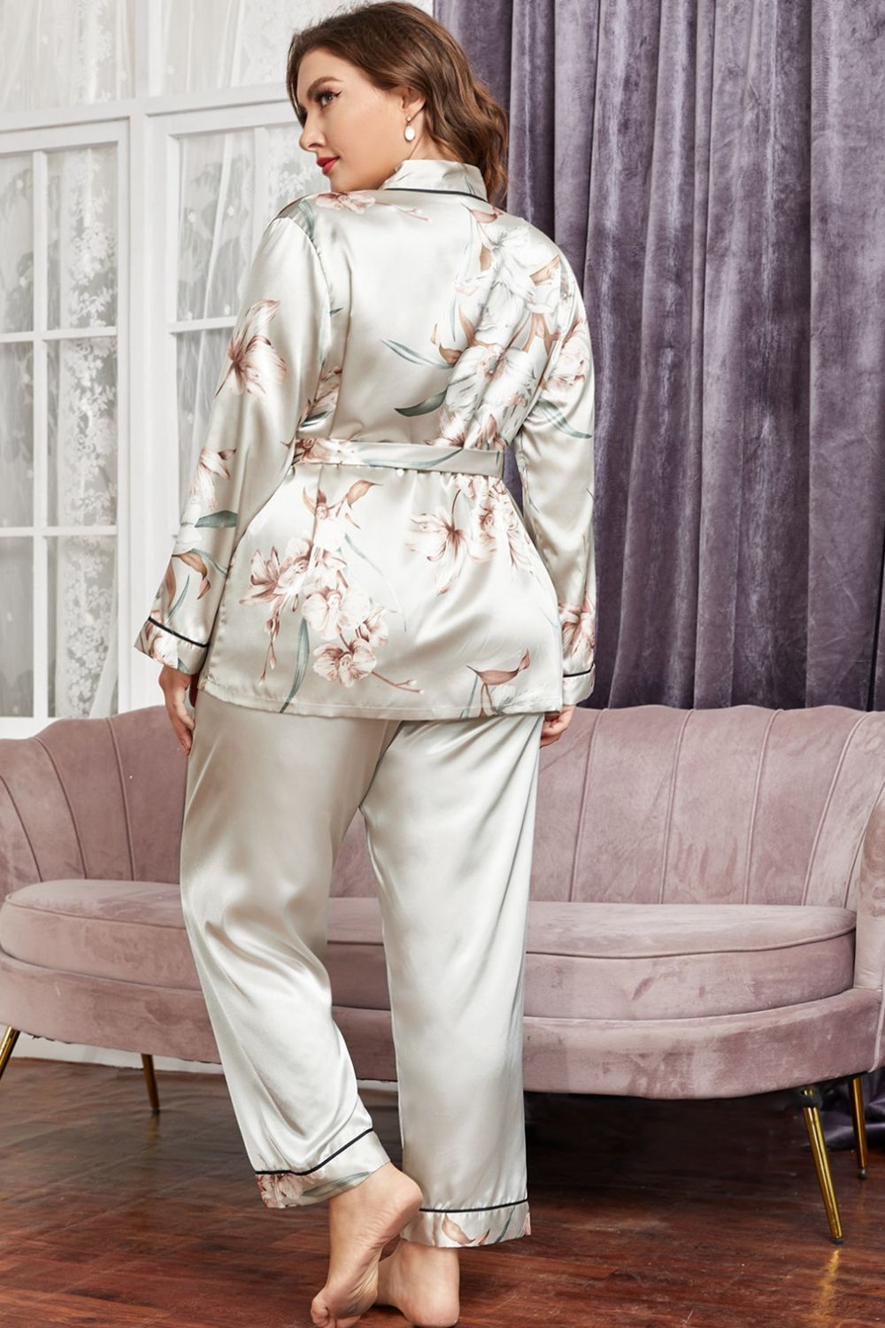 Plus Size Floral Belted Robe and Pants Pajama Set-Teresa&#39;s Fashionista LLC