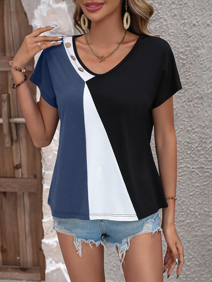 Color Block Decorative Button V-Neck Tee-Teresa&#39;s Fashionista LLC