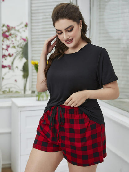 Plus Size Round Neck Tee Shirt and Plaid Shorts Lounge Set-Teresa&#39;s Fashionista LLC