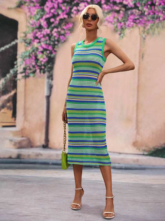 Striped Round Neck Sleeveless Midi Cover Up Dress-Teresa&#39;s Fashionista LLC