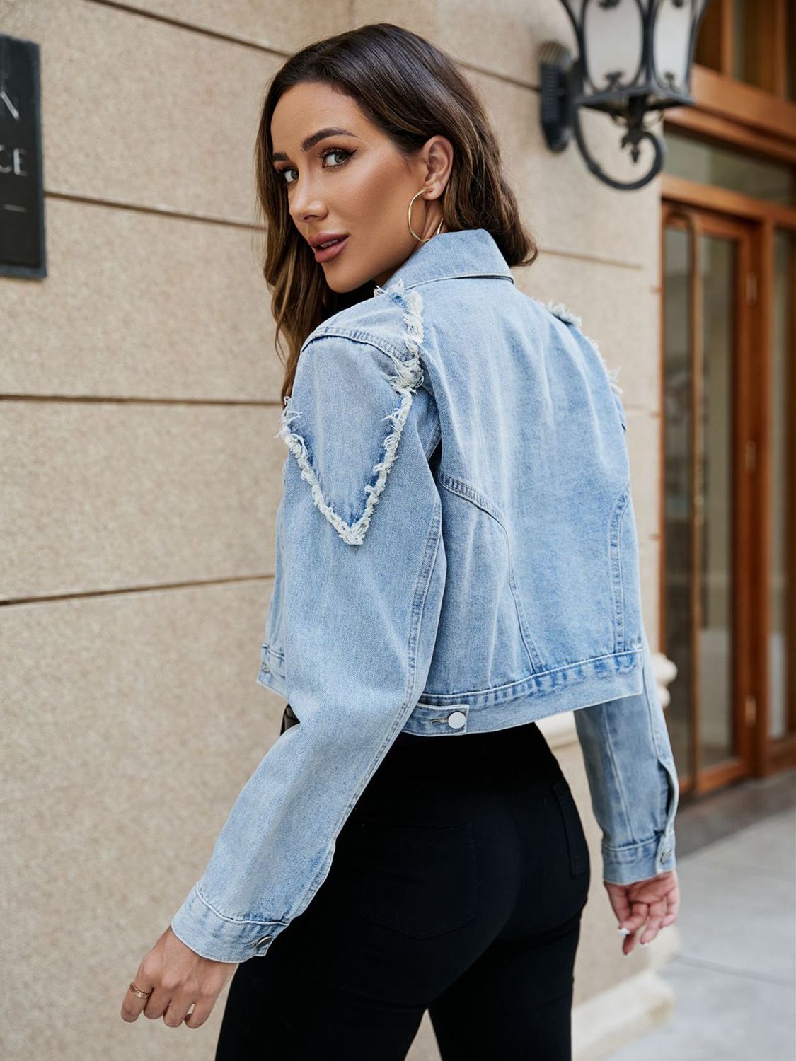 Cropped Collared Neck Denim Jacket-Teresa&#39;s Fashionista LLC