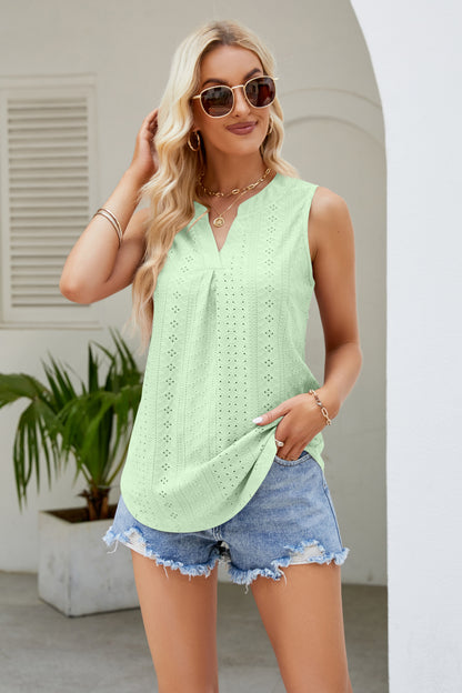 Notched Neck Curved Hem Eyelet Tank-Teresa&#39;s Fashionista LLC