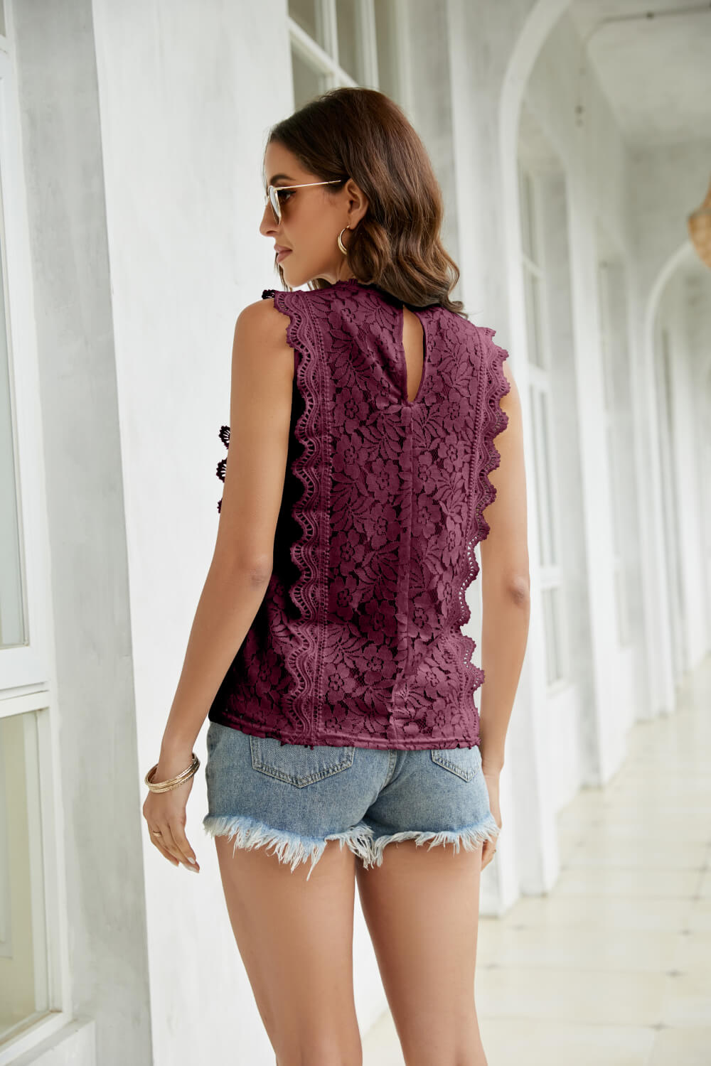 Lace Scalloped Keyhole V-Neck Tank-Teresa&#39;s Fashionista LLC