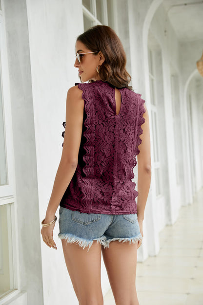 Lace Scalloped Keyhole V-Neck Tank-Teresa&#39;s Fashionista LLC