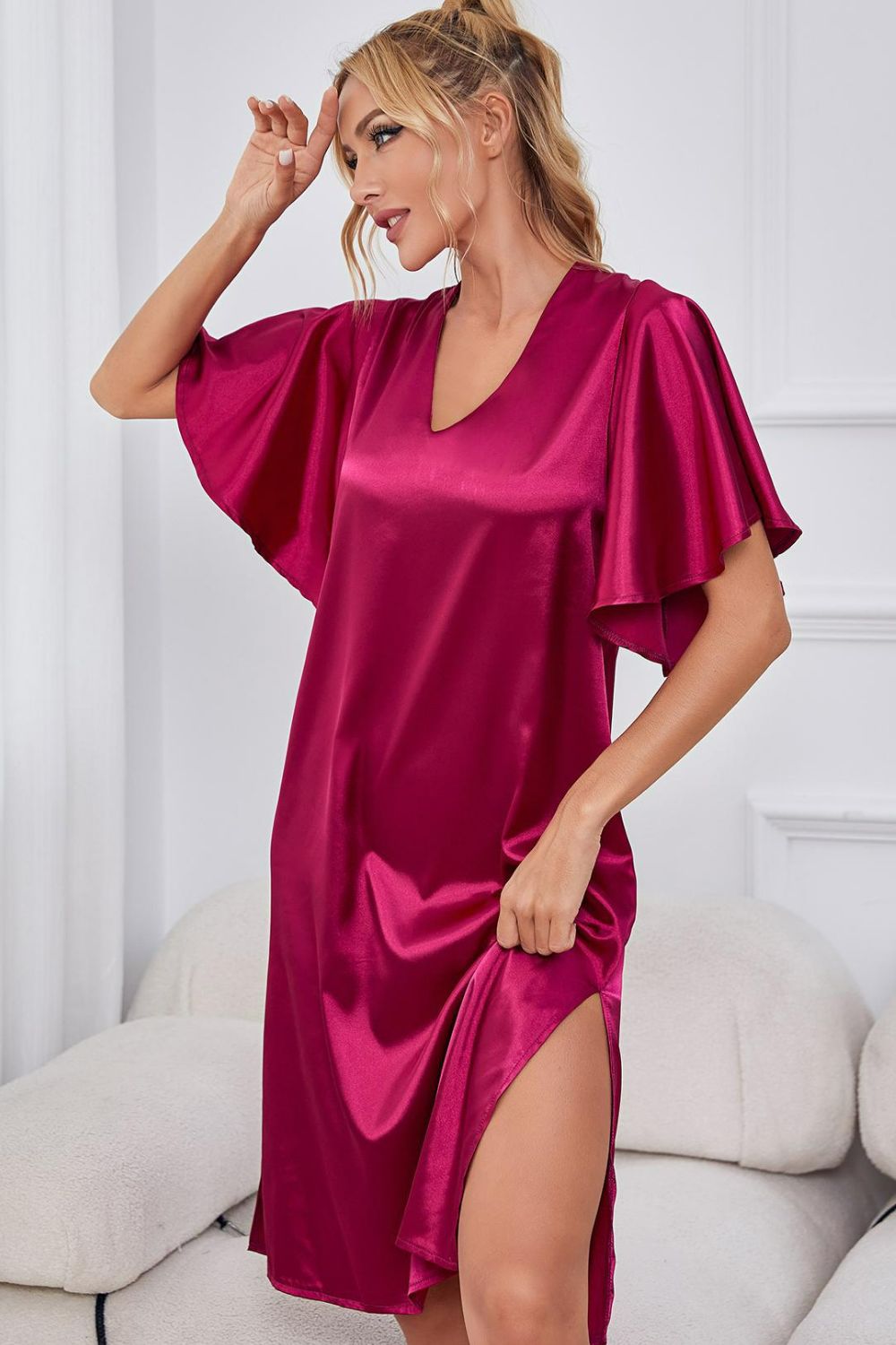 Satin Flutter Sleeve Side Slit V-Neck Night Dress-Teresa&#39;s Fashionista LLC