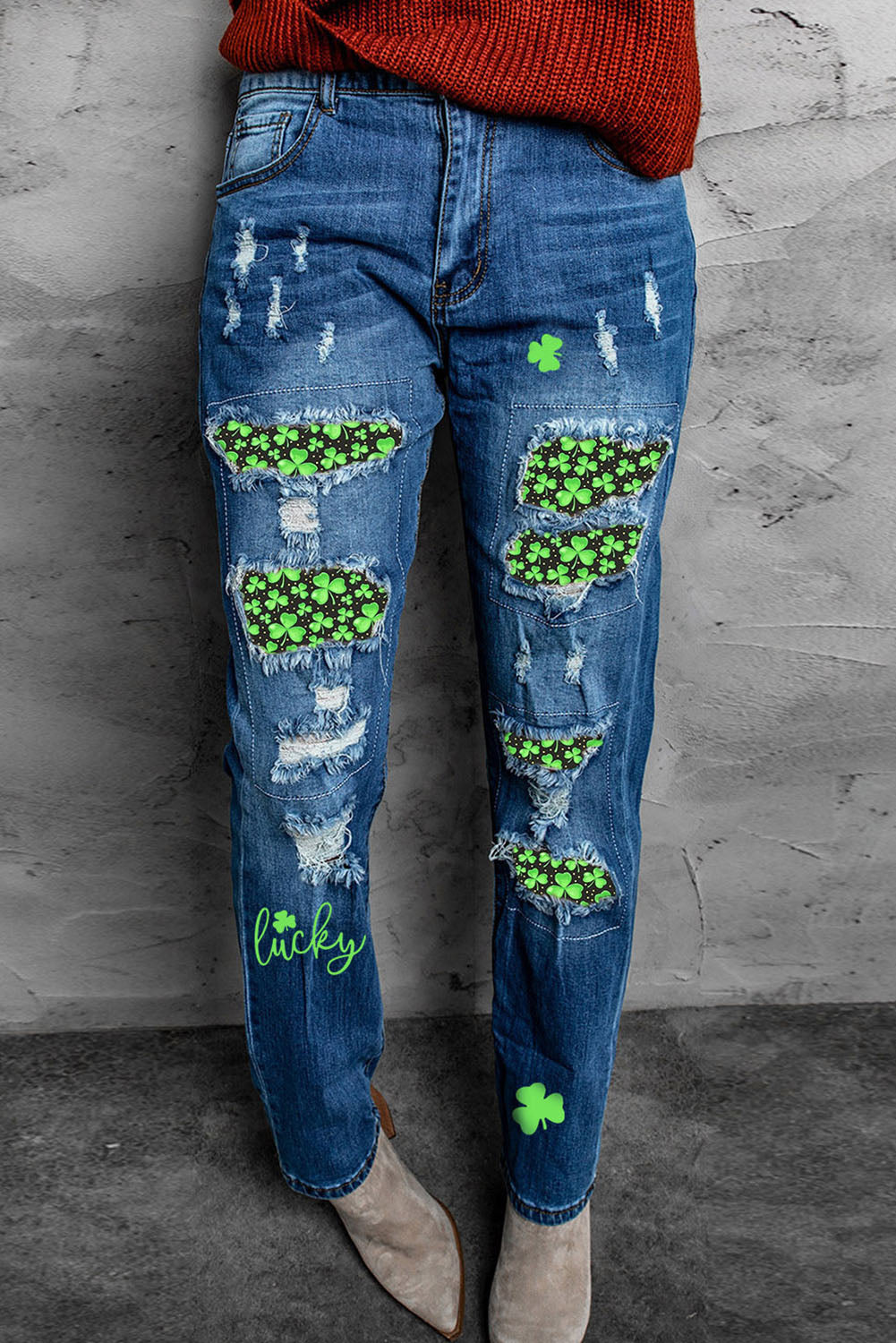 Printed Patch Distressed Boyfriend Jeans-Teresa&#39;s Fashionista LLC