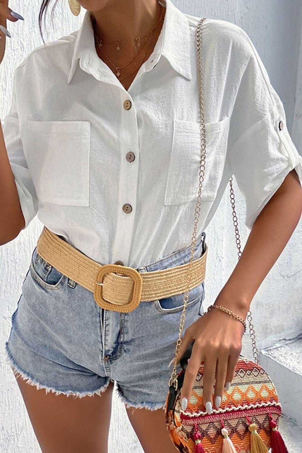 Roll-Tab Sleeve Shirt with Pockets-Teresa&#39;s Fashionista LLC