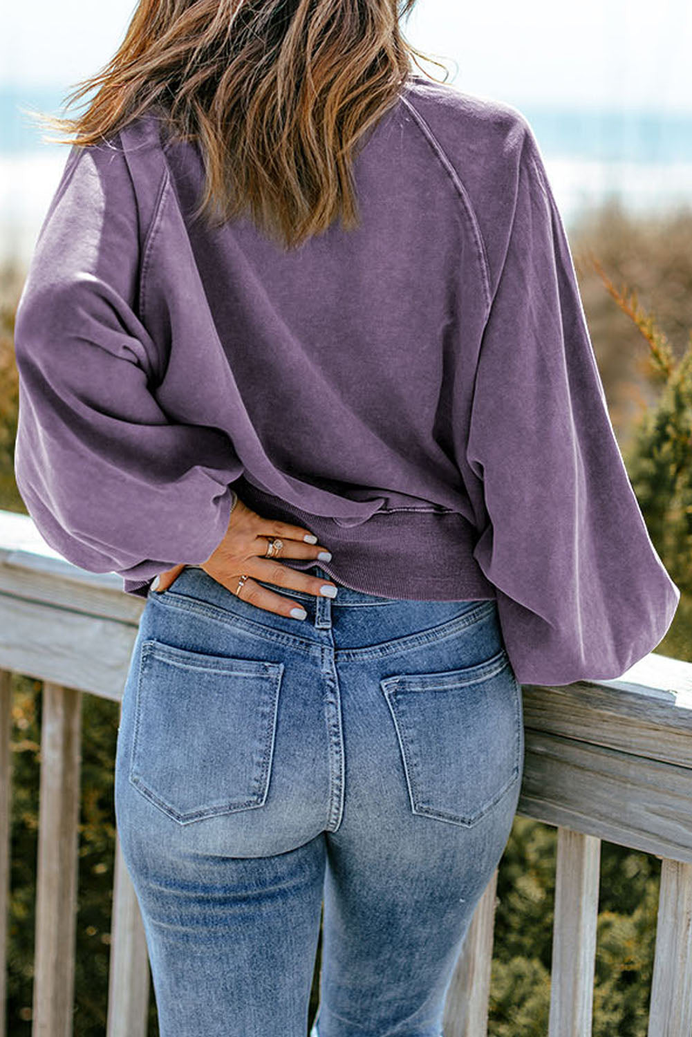 Quarter-Snap Collared Lantern Sleeve Sweatshirt-Teresa&#39;s Fashionista LLC