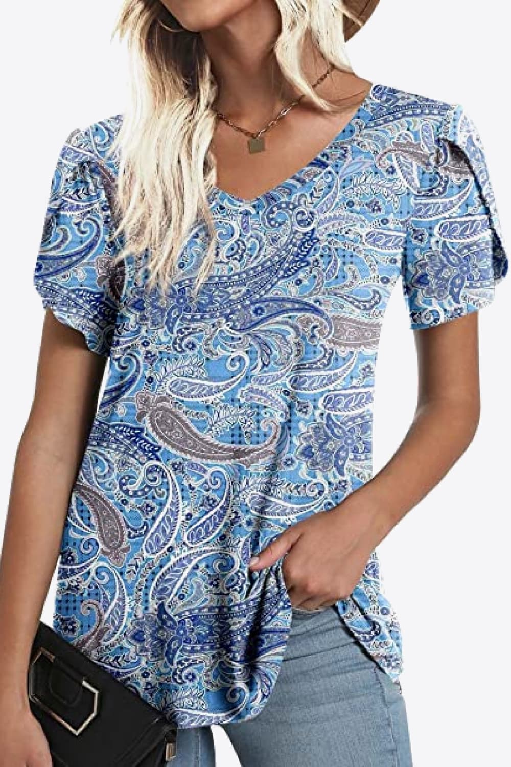 Printed Petal Sleeve V-Neck Blouse-Teresa&#39;s Fashionista LLC