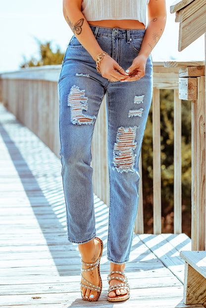 Distressed Ankle-Length Straight Leg Jeans-Teresa&#39;s Fashionista LLC