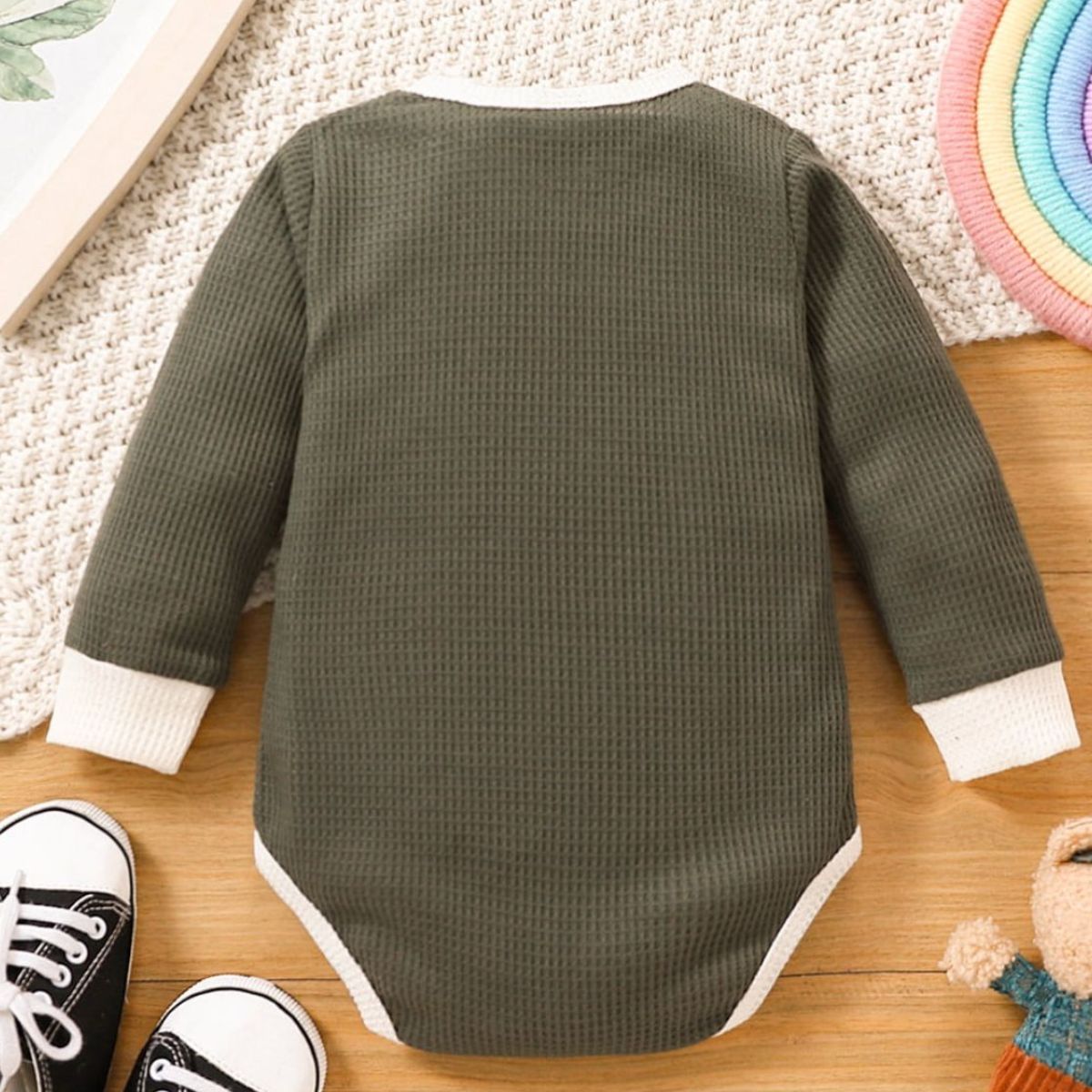 Baby Contrast Trim Waffle-Knit Long Sleeve Bodysuit-Teresa&#39;s Fashionista LLC