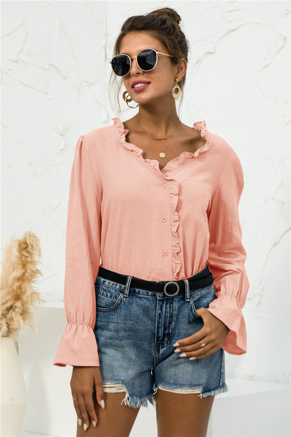 Frill Trim V-Neck Flounce Sleeve Shirt-Teresa&#39;s Fashionista LLC