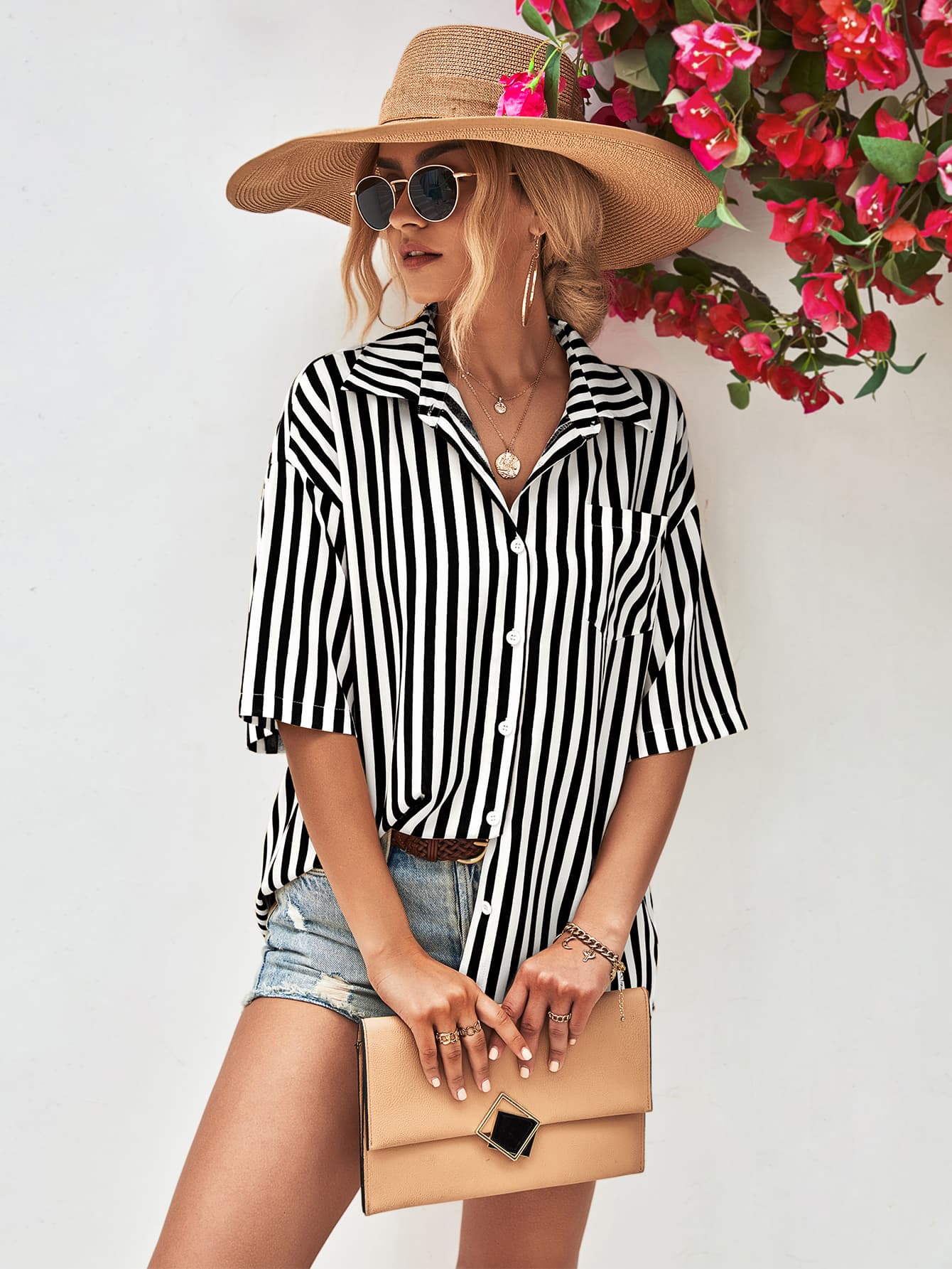 Striped Dropped Shoulder Half Sleeve Shirt-Teresa&#39;s Fashionista LLC