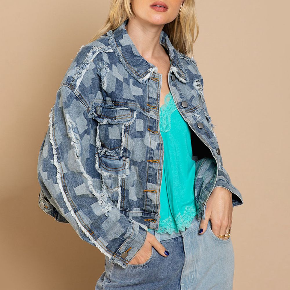 Plaid Raw Hem Dropped Shoulder Denim Jacket-Teresa&#39;s Fashionista LLC