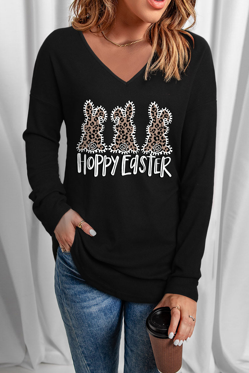 HOPPY EASTER Graphic V-Neck Top-Teresa&#39;s Fashionista LLC