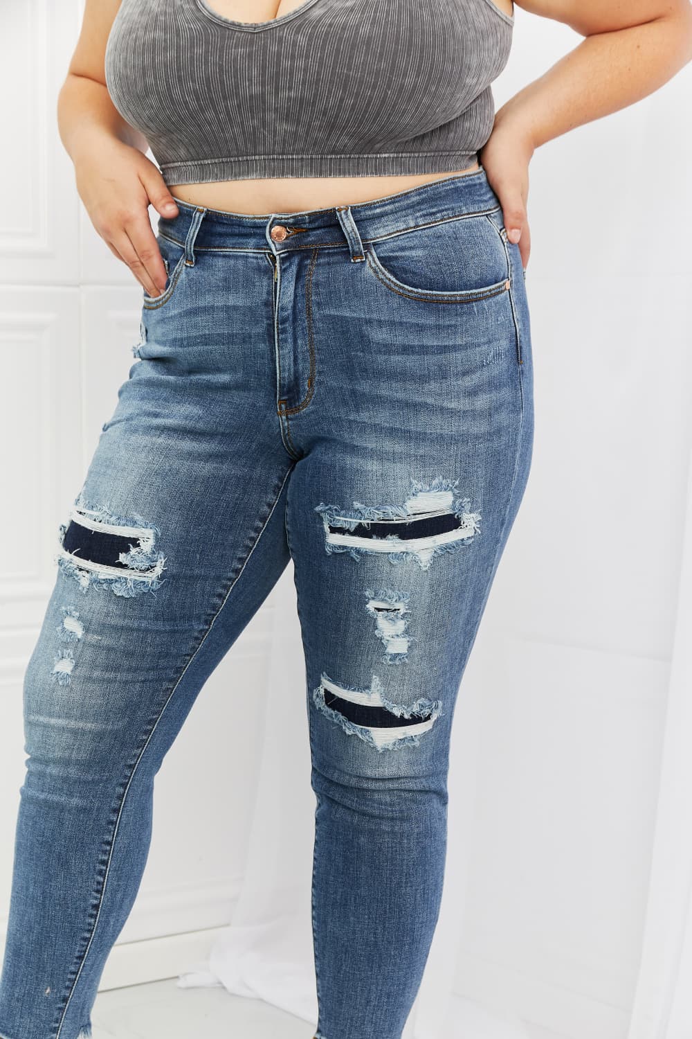 Judy Blue Dahlia Full Size Distressed Patch Jeans-Teresa&#39;s Fashionista LLC