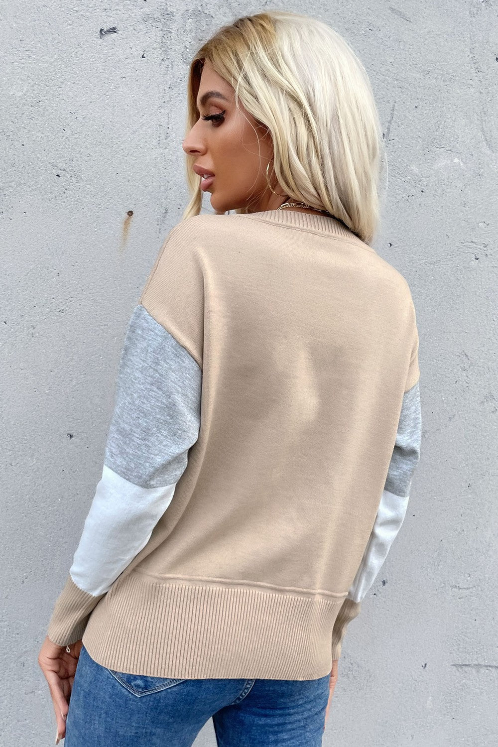 Color Block Ribbed Trim Round Neck Knit Pullover-Teresa&#39;s Fashionista LLC