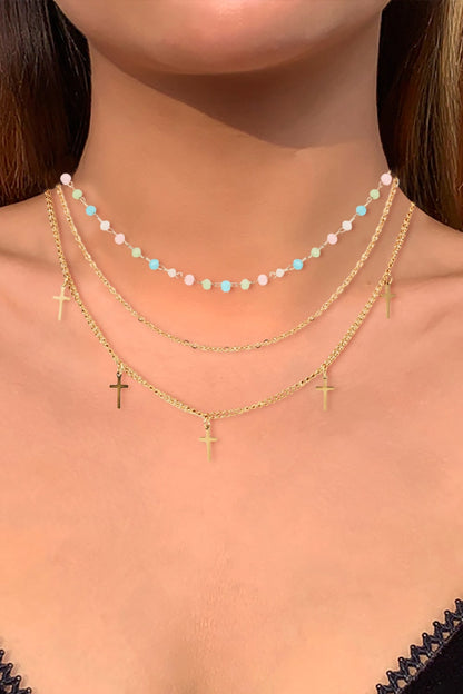 18K Gold Plated Cross Pendant Triple-Layered Necklace-Teresa&#39;s Fashionista LLC