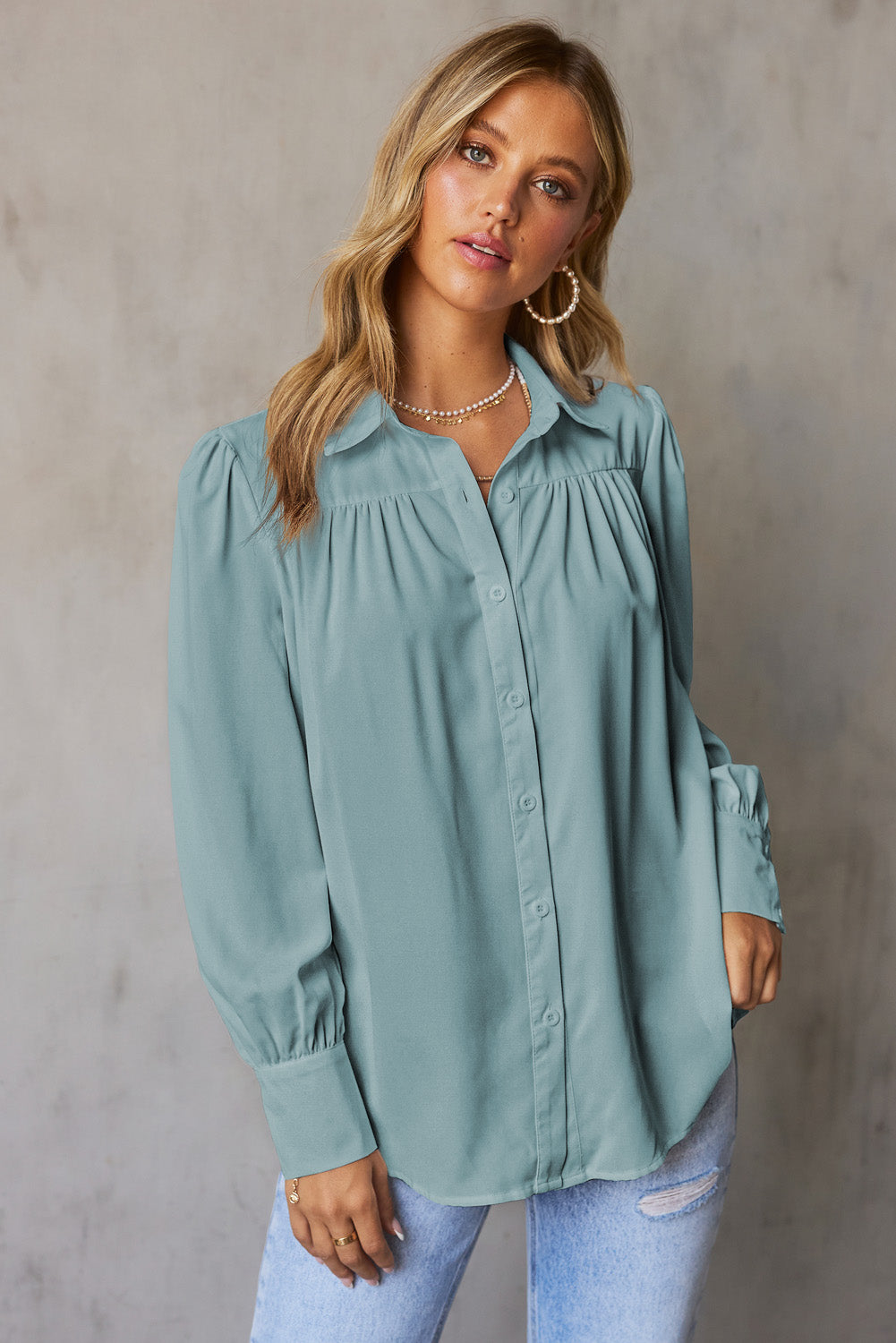 Gathered Detail Puff Sleeve Shirt-Teresa&#39;s Fashionista LLC