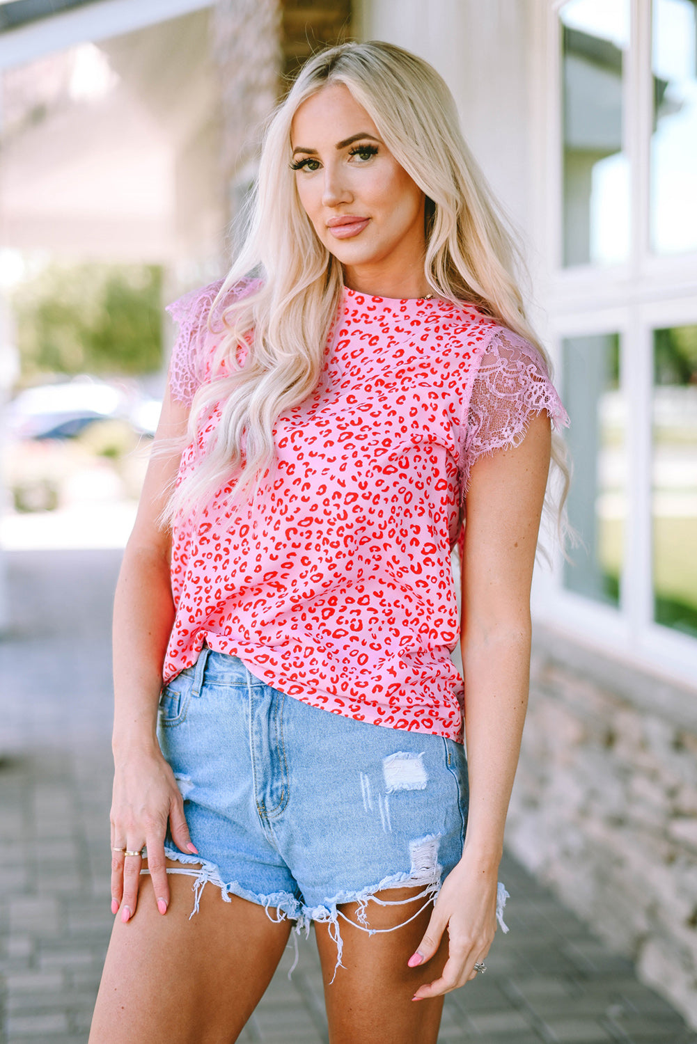 Leopard Print Lace Short Sleeve Blouse-Teresa&#39;s Fashionista LLC