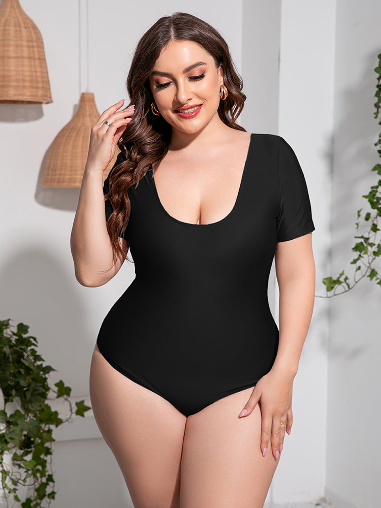 Plus Size Scoop Neck Short Sleeve One-Piece Swimsuit-Teresa&#39;s Fashionista LLC