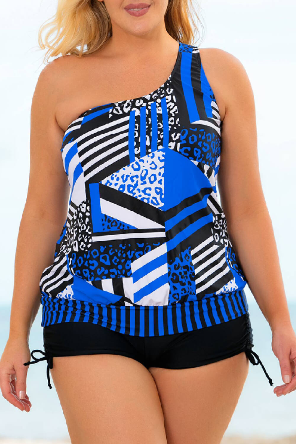 Plus Size Patchwork Tied One-Shoulder Tankini Set-Teresa&#39;s Fashionista LLC