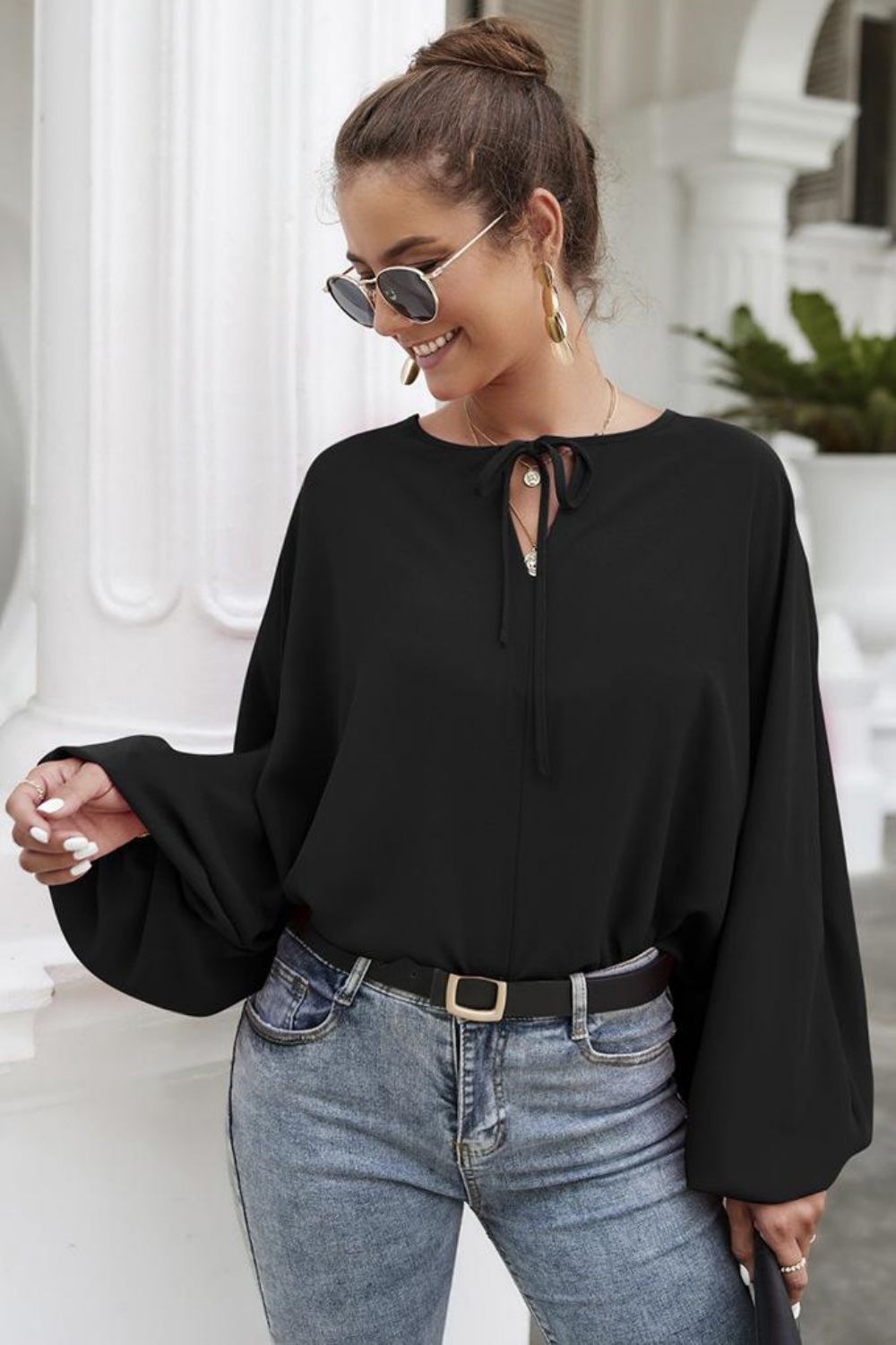 Tie Neck Balloon Sleeve Blouse-Teresa&#39;s Fashionista LLC