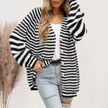 Striped Button Down Long Sleeve Cardigan-Teresa&#39;s Fashionista LLC