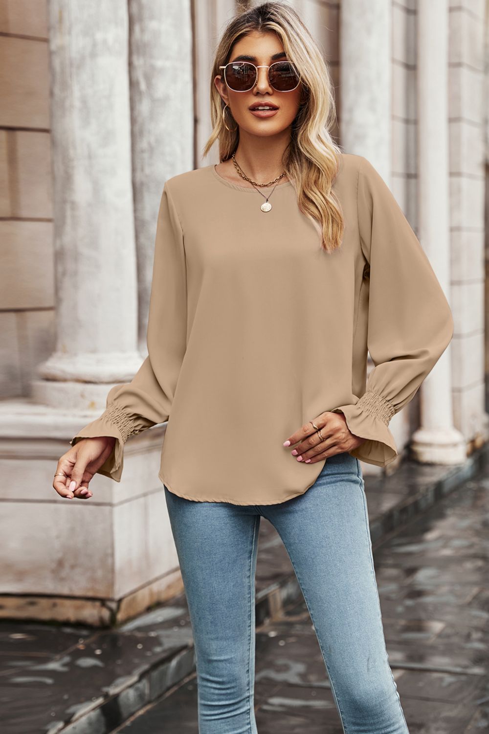 Round Neck Long Flounce Sleeve Blouse-Teresa&#39;s Fashionista LLC