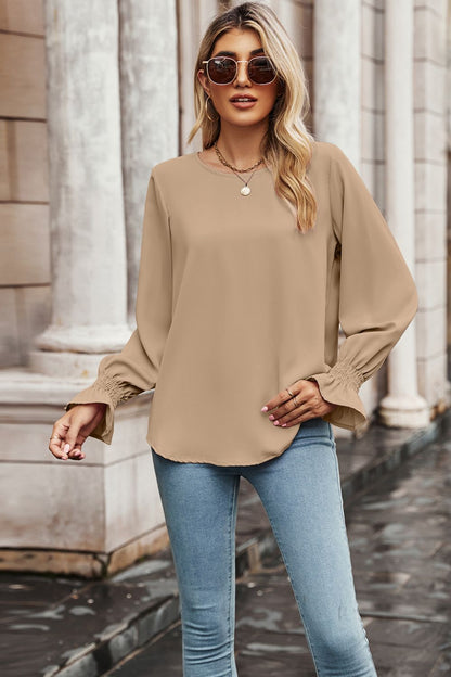 Round Neck Long Flounce Sleeve Blouse-Teresa&#39;s Fashionista LLC