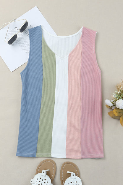 Multicolored Striped Waffle-Knit Sleeveless Tank-Teresa&#39;s Fashionista LLC