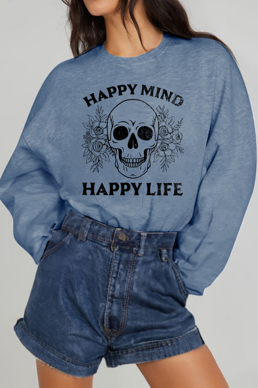 Simply Love Simply Love Full Size HAPPY MIND HAPPY LIFE SKULL Graphic Sweatshirt-Teresa&#39;s Fashionista LLC