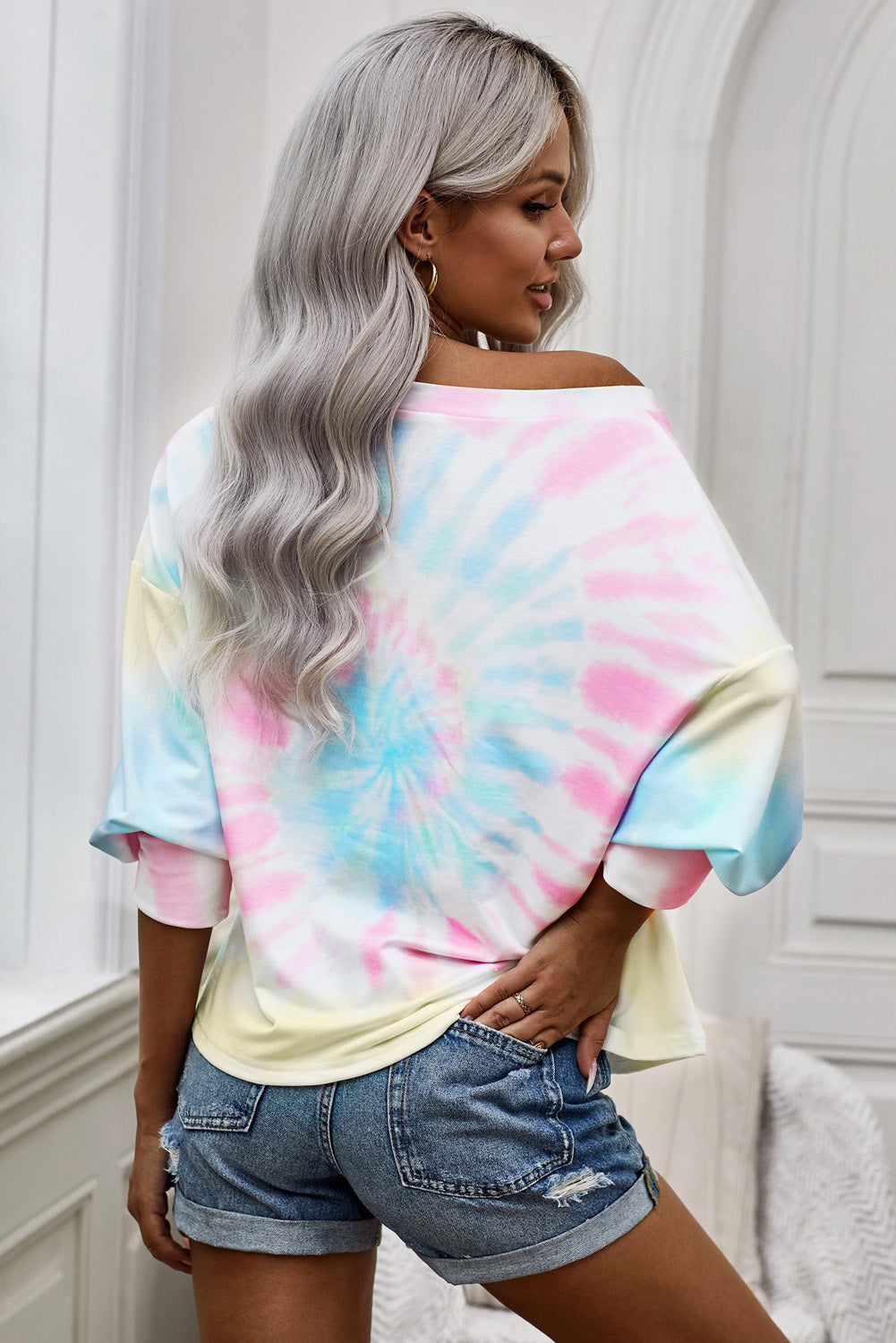 Tie-Dye Boat Neck Batwing Sleeve Tee-Teresa&#39;s Fashionista LLC