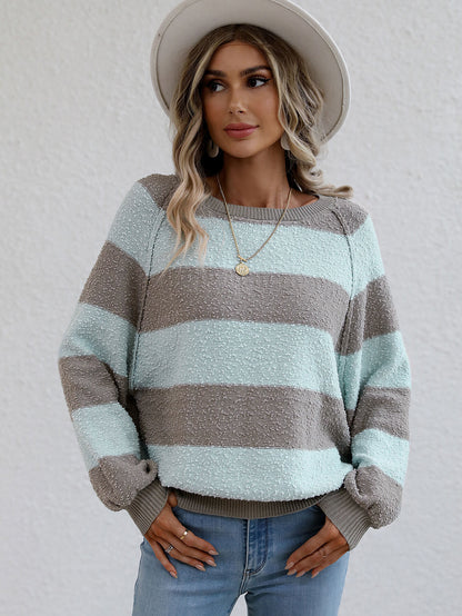 Striped Raglan Sleeve Ribbed Trim Knit Top-Teresa&#39;s Fashionista LLC