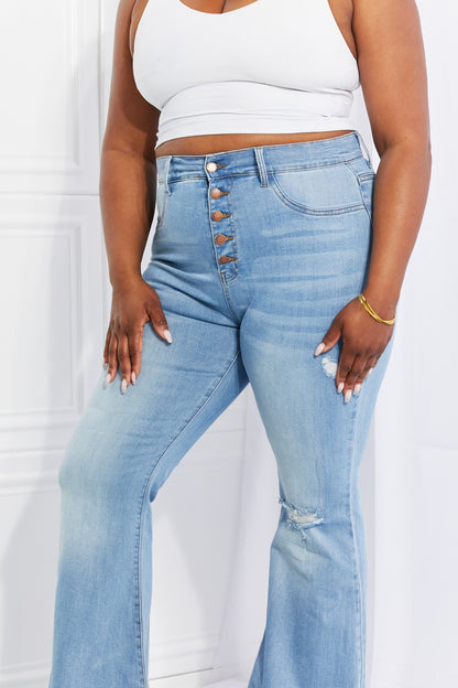 Vibrant MIU Full Size Jess Button Flare Jeans-Teresa&#39;s Fashionista LLC