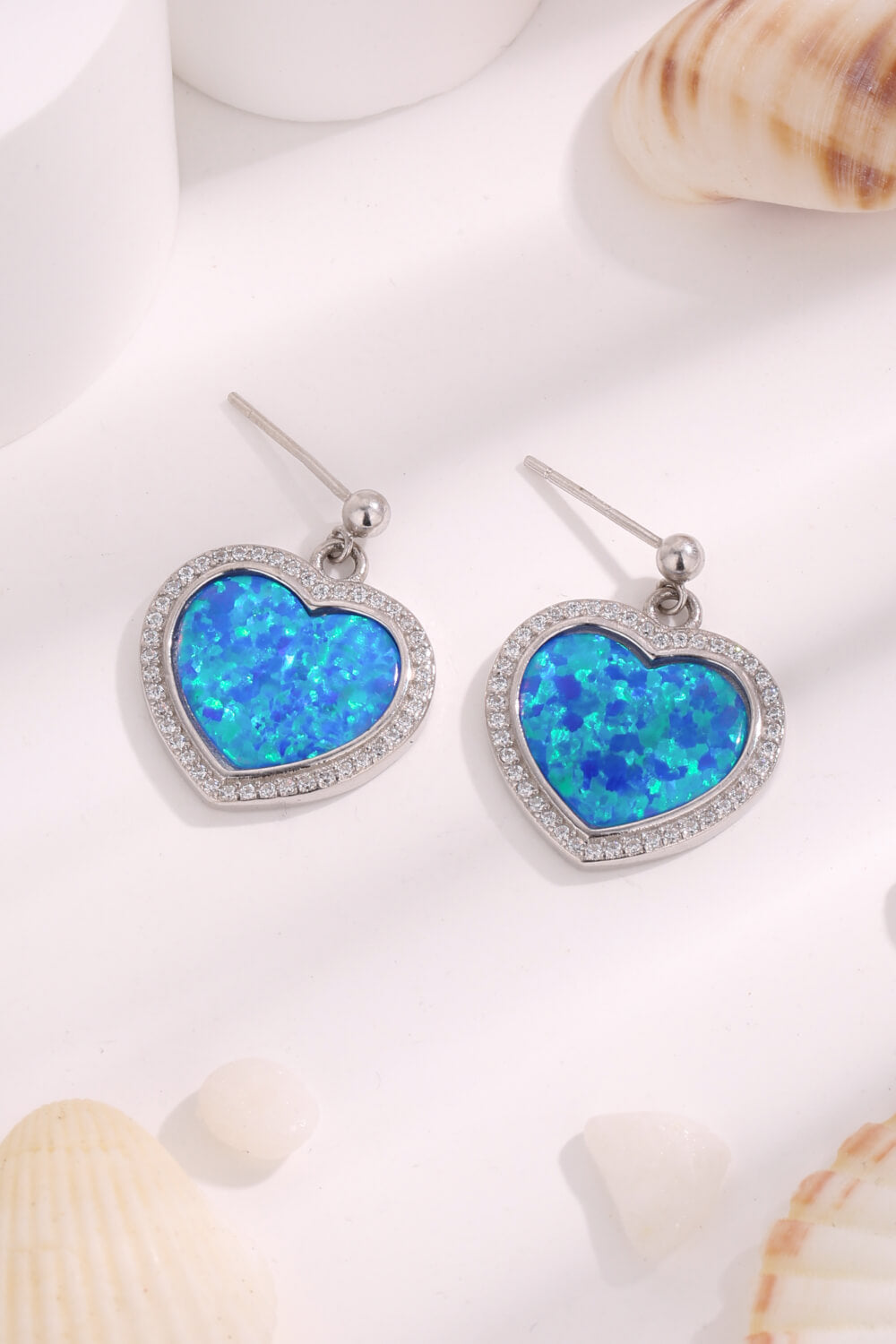 Platinum-Plated Opal Heart Earrings-Teresa&#39;s Fashionista LLC