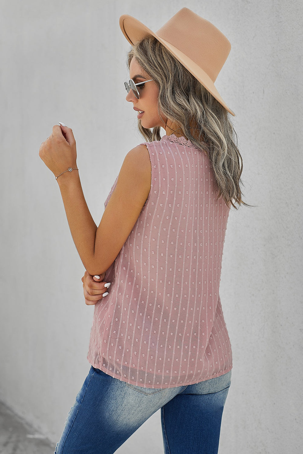 Swiss Dot Lace Detail Plunge Tank-Teresa&#39;s Fashionista LLC