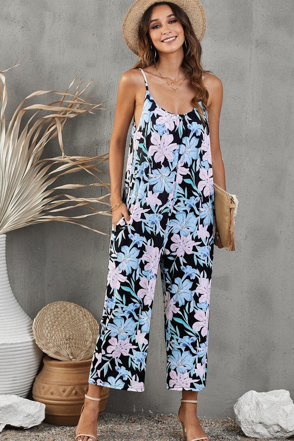 Botanical Print Spaghetti Strap Cropped Jumpsuit-Teresa&#39;s Fashionista LLC