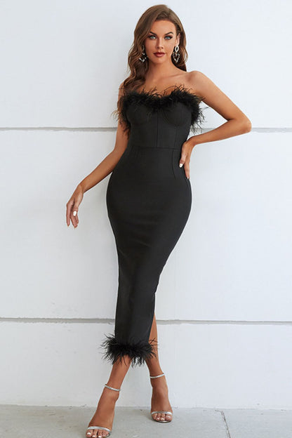 Feather Trim Strapless Sweetheart Neck Dress-Teresa&#39;s Fashionista LLC