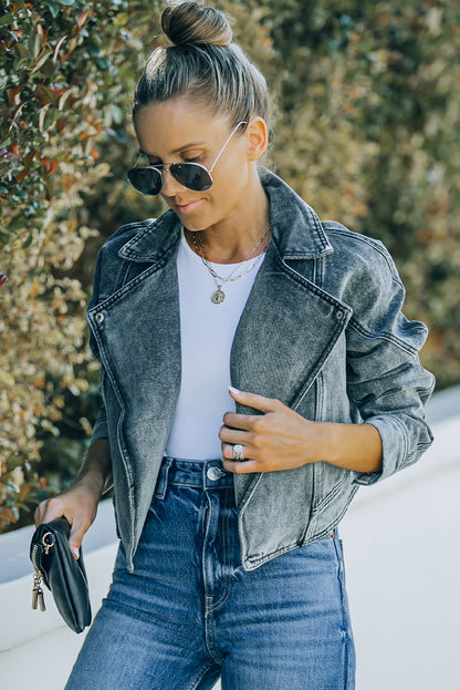 Acid Wash Lapel Collar Cropped Denim Jacket-Teresa&#39;s Fashionista LLC