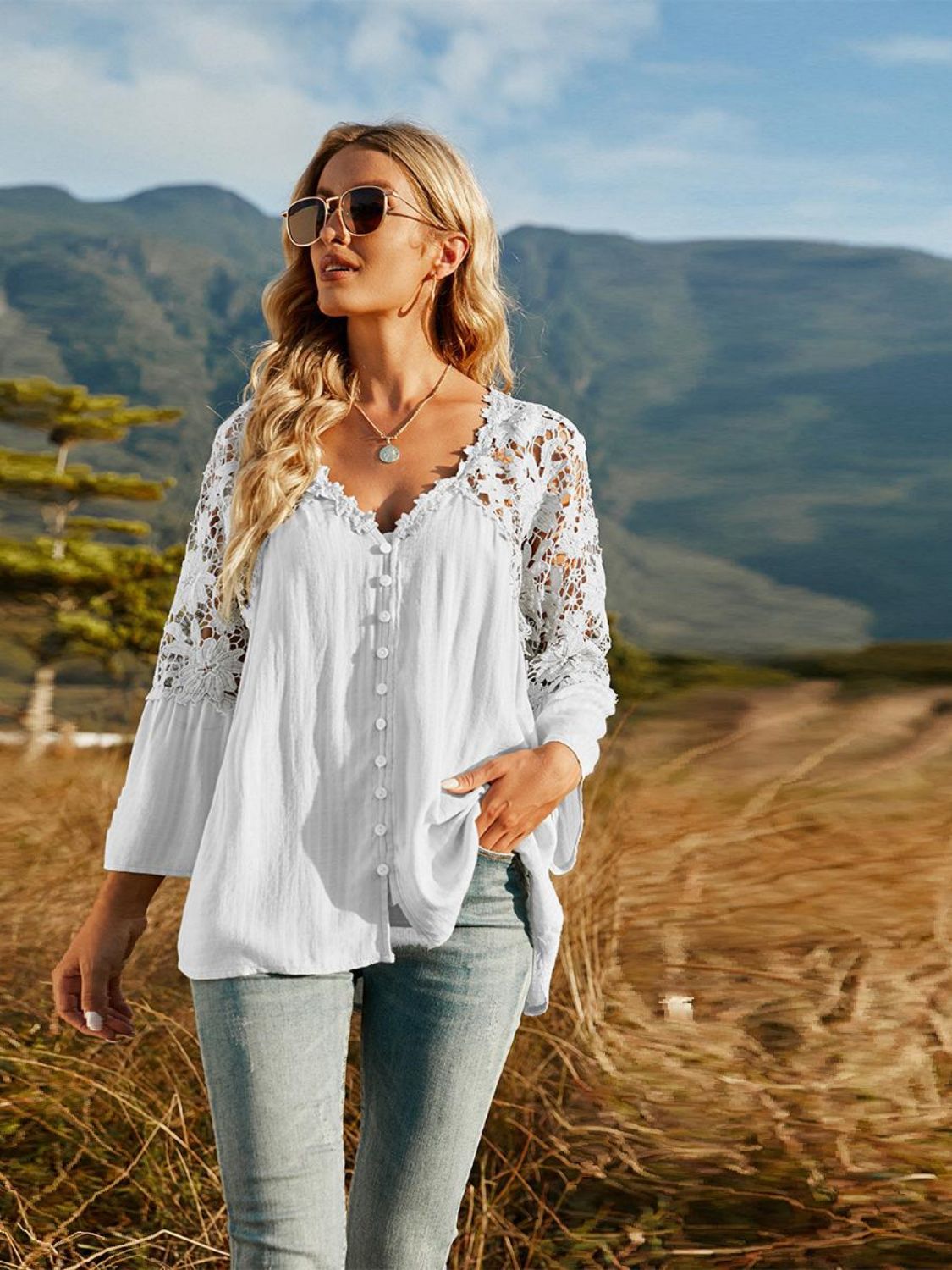 Spliced Lace Buttoned Blouse-Teresa&#39;s Fashionista LLC