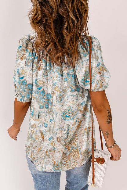 Printed Tie Neck Flounce Sleeve Top-Teresa&#39;s Fashionista LLC