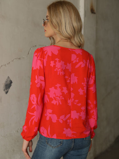 Printed Tie Neck Long Sleeve Blouse-Teresa&#39;s Fashionista LLC