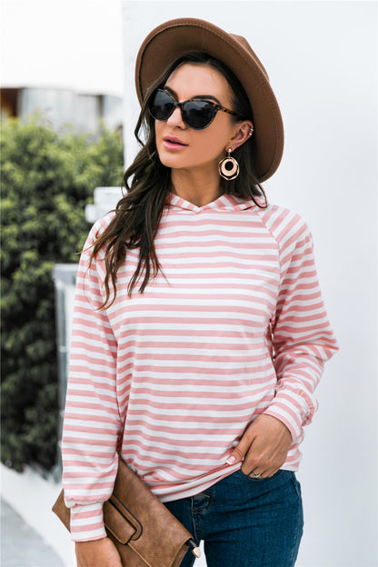 Horizontal Stripe Raglan Sleeve Hoodie-Teresa&#39;s Fashionista LLC