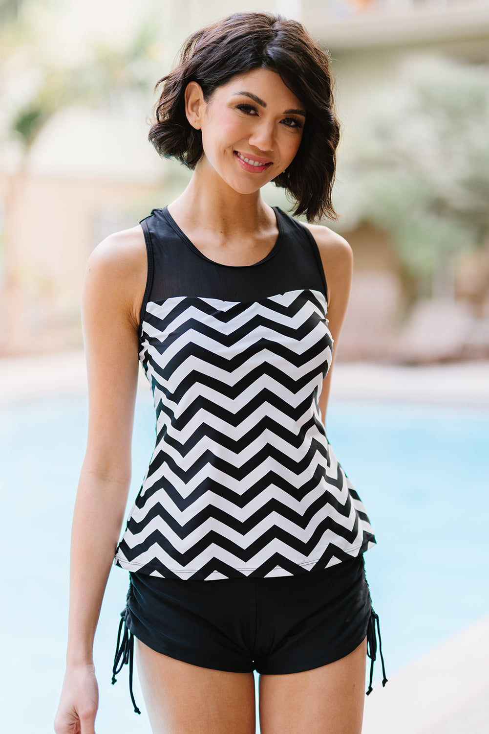 Full Size Chevron Print Ruched Tankini Set-Teresa&#39;s Fashionista LLC