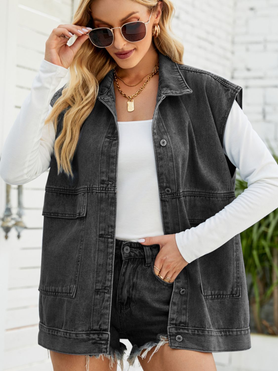 Collared Neck Sleeveless Denim Top with Pockets-Teresa&#39;s Fashionista LLC