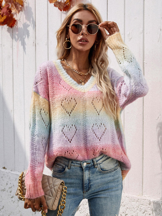 Tie-Dye V-Neck Drop Shoulder Pullover Sweater-Teresa&#39;s Fashionista LLC