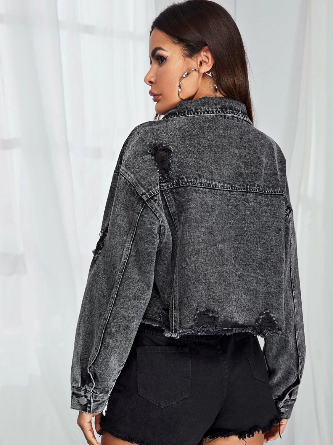 Dropped Shoulder Collared Neck Denim Jacket-Teresa&#39;s Fashionista LLC